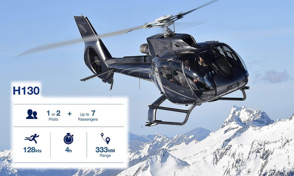 H130 helicopter in flight over mountainous terrain showcasing rotary wing aerospace capability