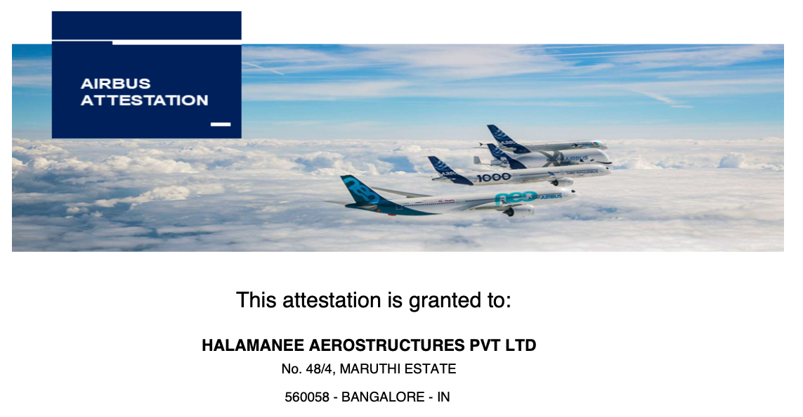 Airbus Approved Supplier attestation certificate document