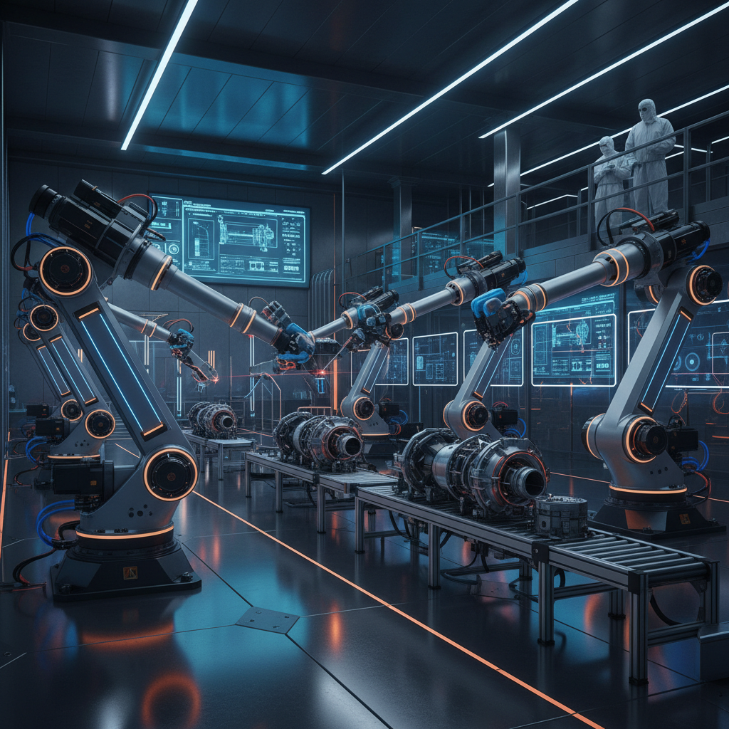 Hi-tech industrial robotic arms in futuristic automation manufacturing facility